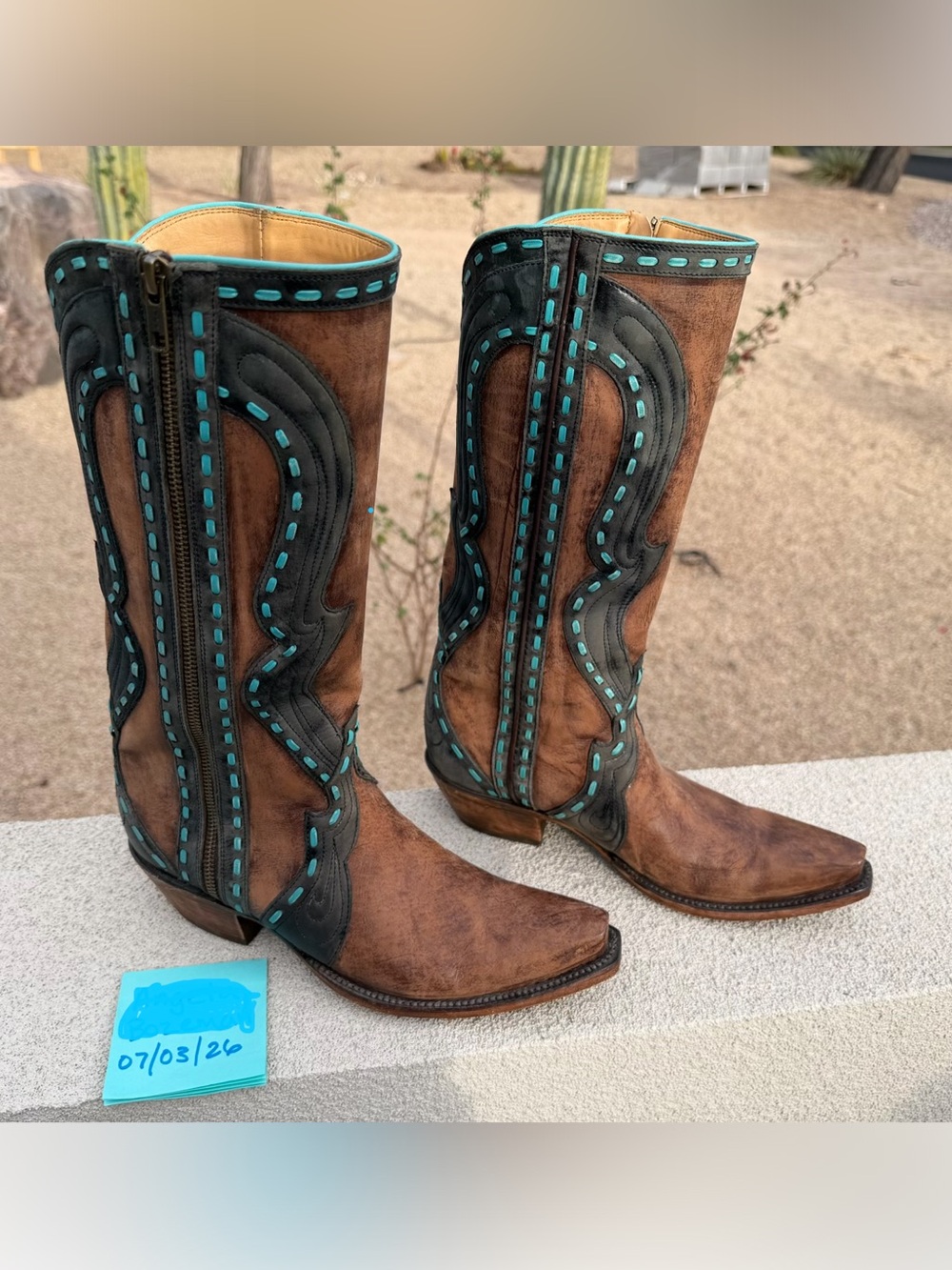 Lucchese Buffalo Leather Cowboy Cowgirl Boots with Turquoise Trim Side Zip 7.5B